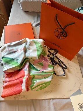 Hermes Floral Silk Scarf in Green, Pink, Red and White